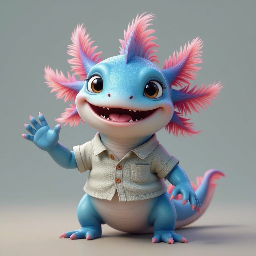 Pixar-Style Anthropomorphic Axolotl Waving and Smiling