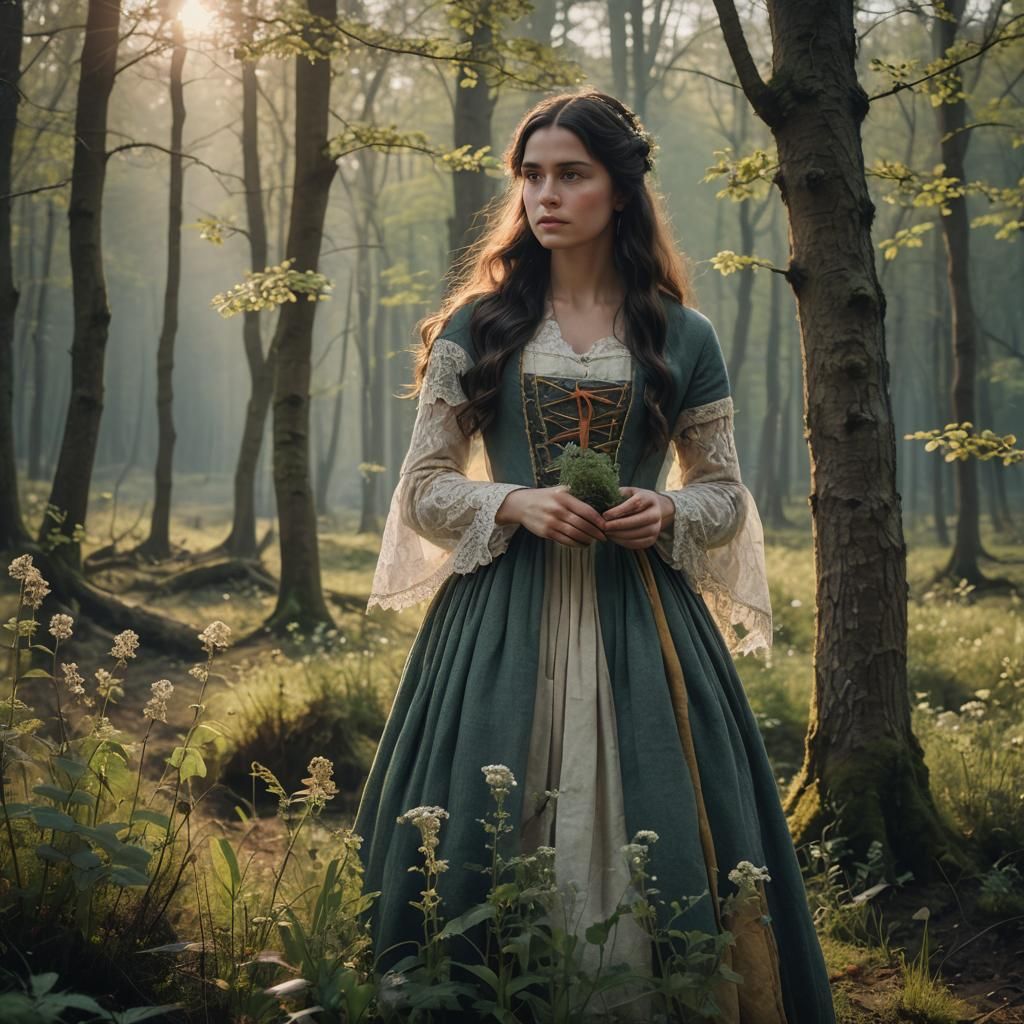 Woman Collecting Herbs at Spring Sunrise: Photorealistic