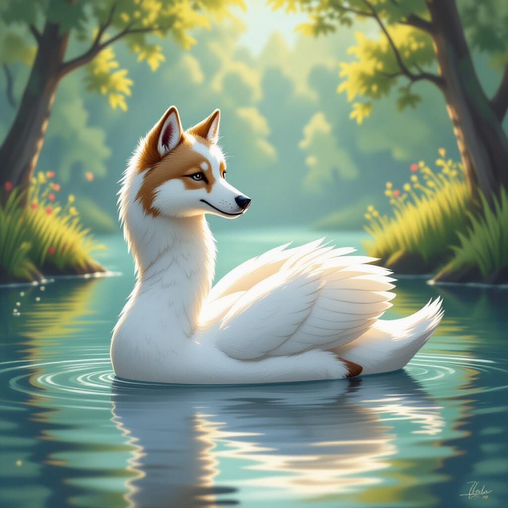 Whimsical Dog-Swan Creature in Dreamy Lake Setting