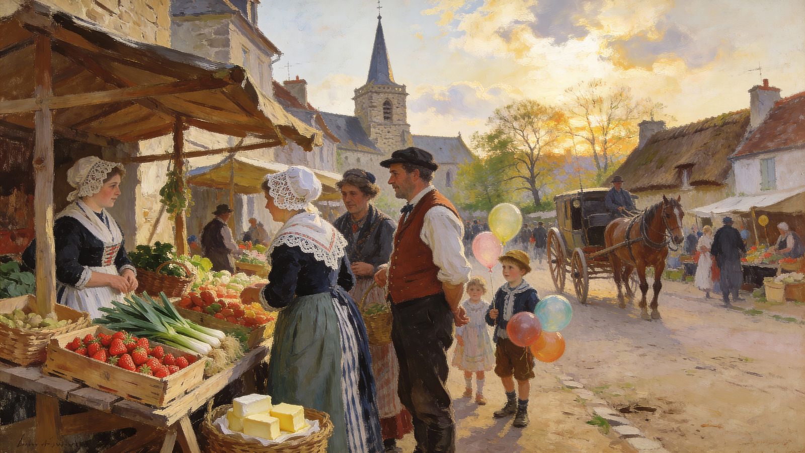 Spring Market Scene in Brittany Village, Impressionist Paint...