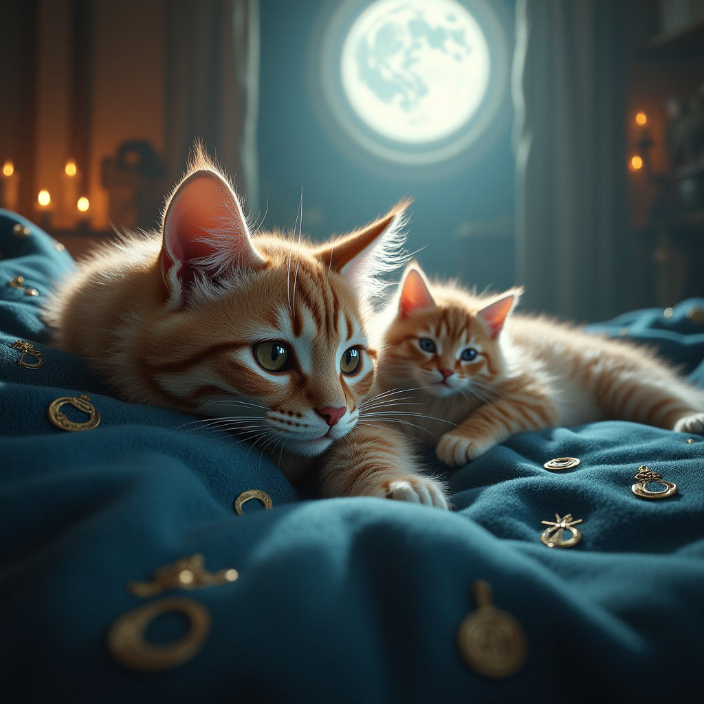 Enchanted Cats in Moonlit Chamber