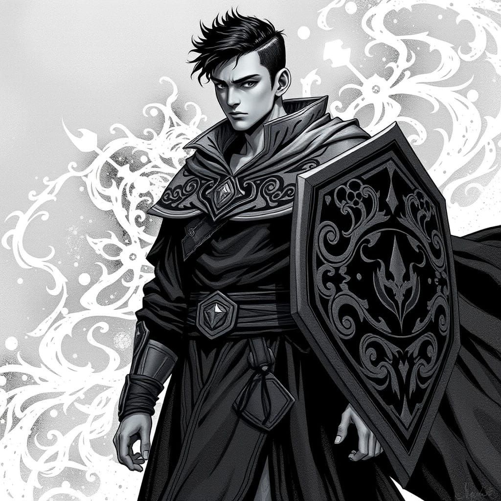 Monochromatic White Stippling Art of Brooding Iberian Mage