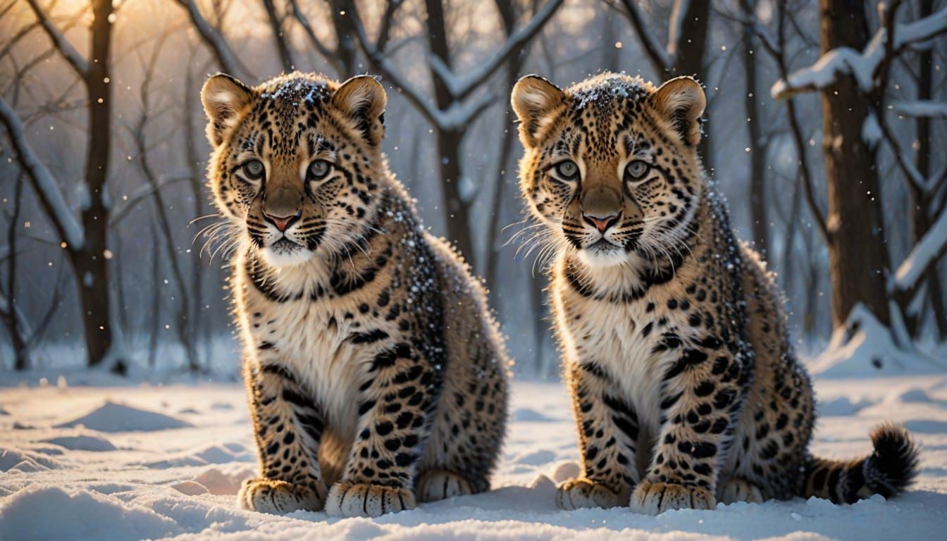Cute Kitten and Leopard Play in Falling Snow