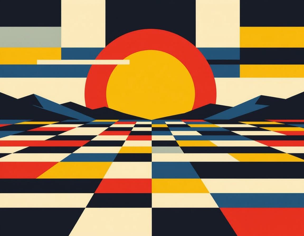Abstract Sunrise in De Stijl Style with Geometric Shapes