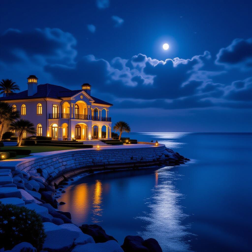 Luxury Seaside Mansion Aglow at Night with Calm Reflective S...