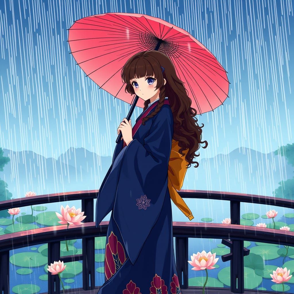 Girl and Boy Stand Together Under Rainy Bridge in Midnight B...