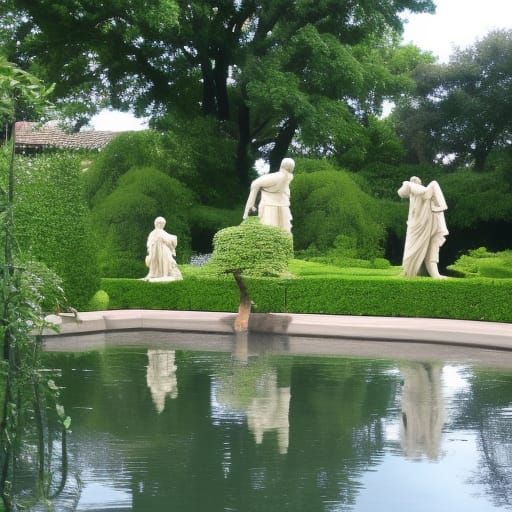 Garden with Statues and Water Feature