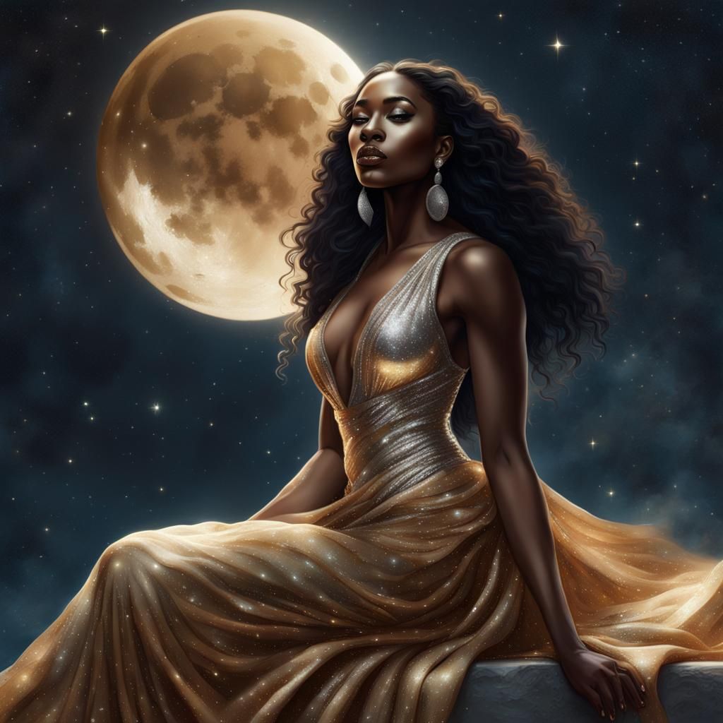Hyperrealistic Moon Goddess with Gold Dress