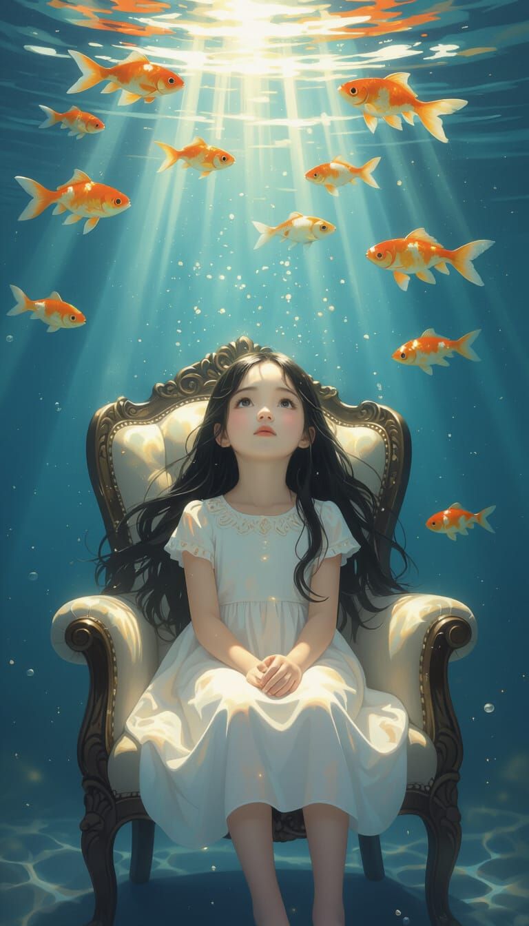 Girl Underwater with Golden Koi Fish in Ethereal Light