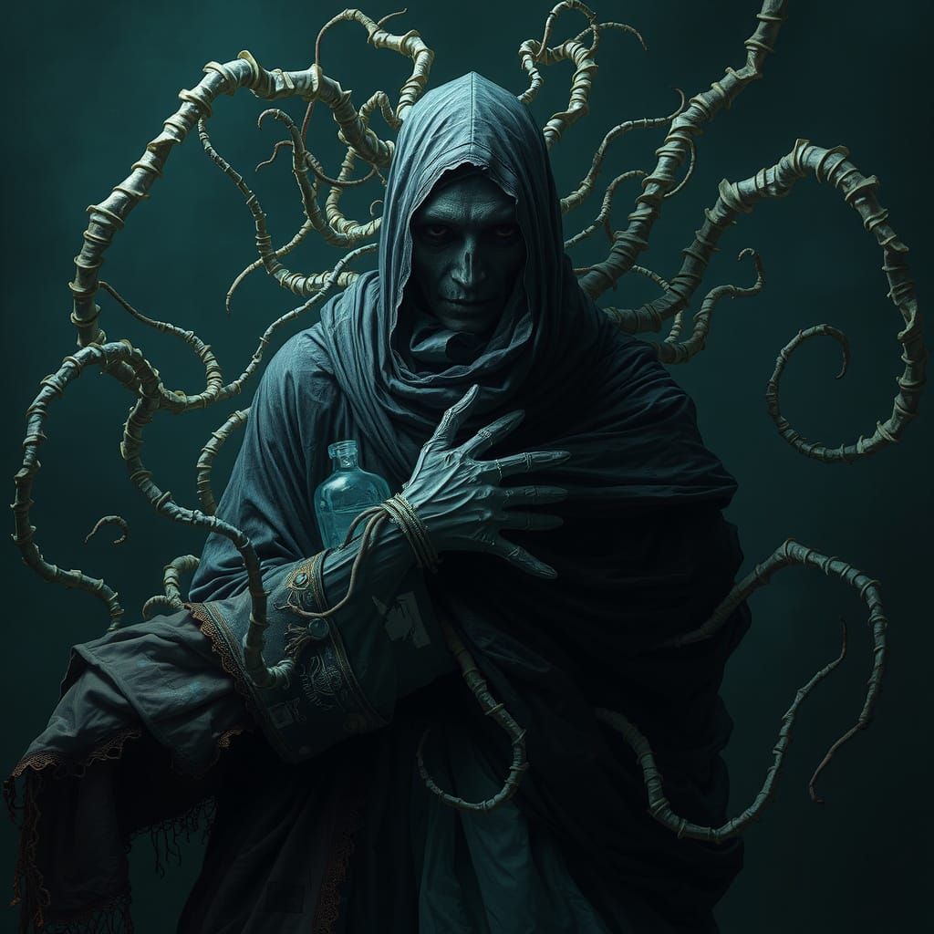 Dark Figure Engulfed by Tendrils in Surreal Style