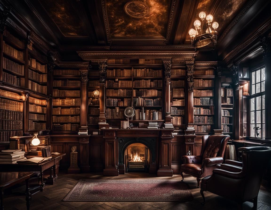 Victorian Library with Books and Scientific Instruments