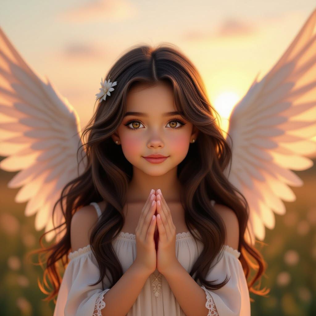 Young Girl with Wings in Ethereal Sunset Light