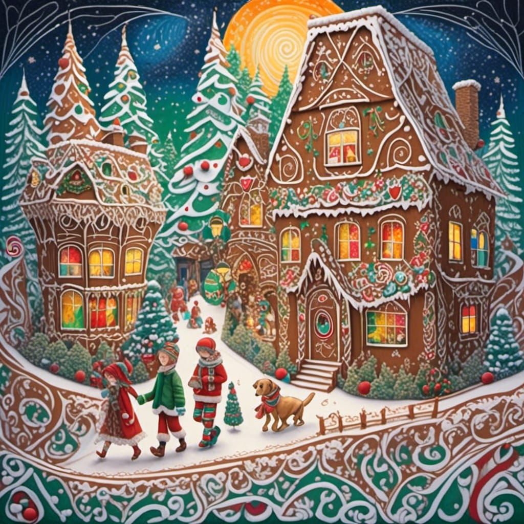 Gingerbread Village Drawing with Vibrant Colors