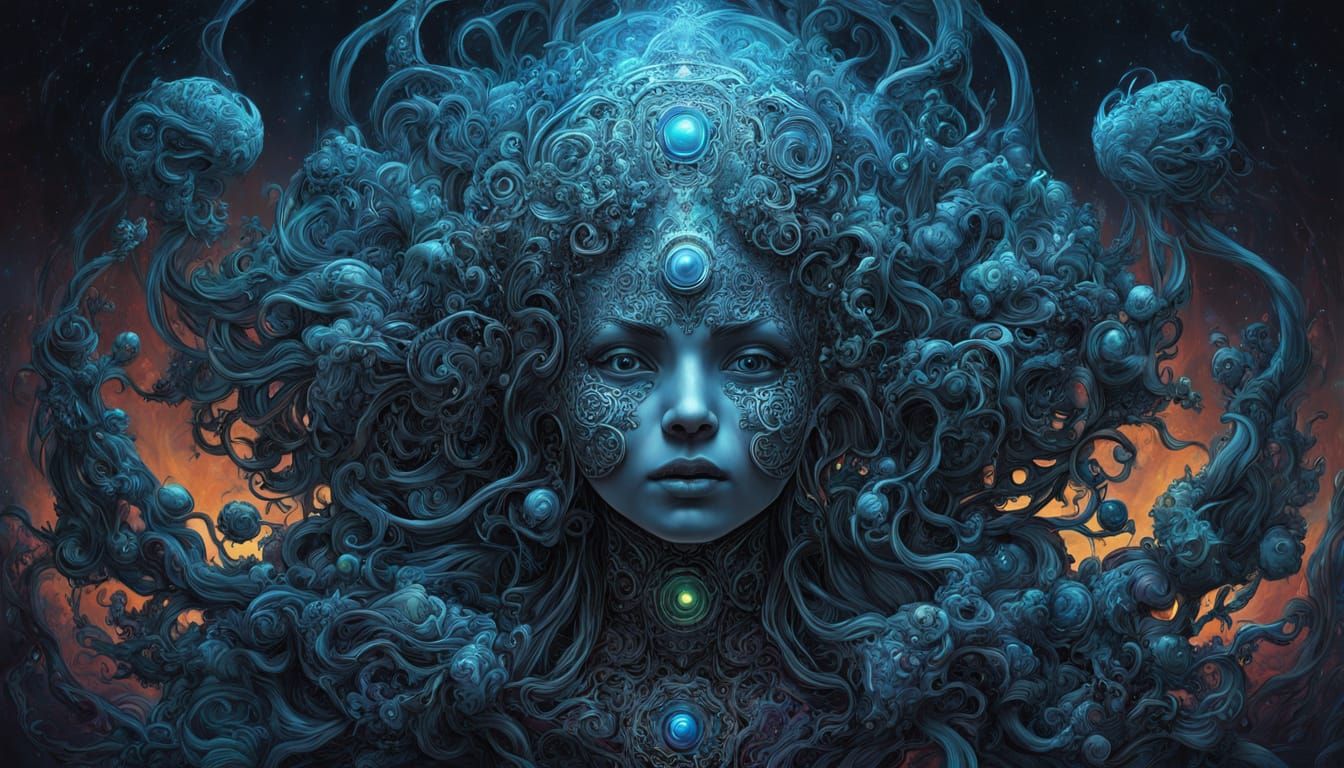 Cybernetic Woman Emerging from Mist in Steampunk Style