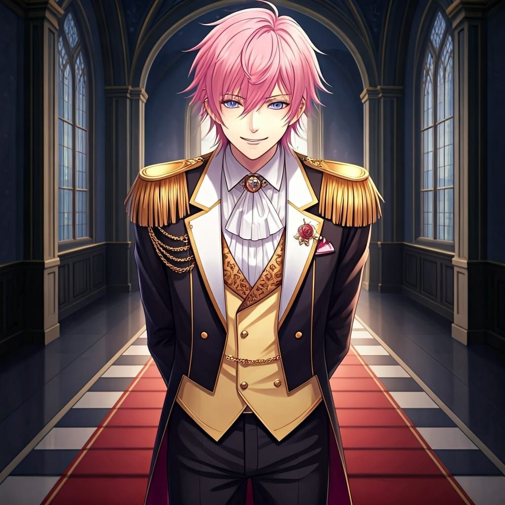Anime Boy Butler with Pink Hair and Evil Smile