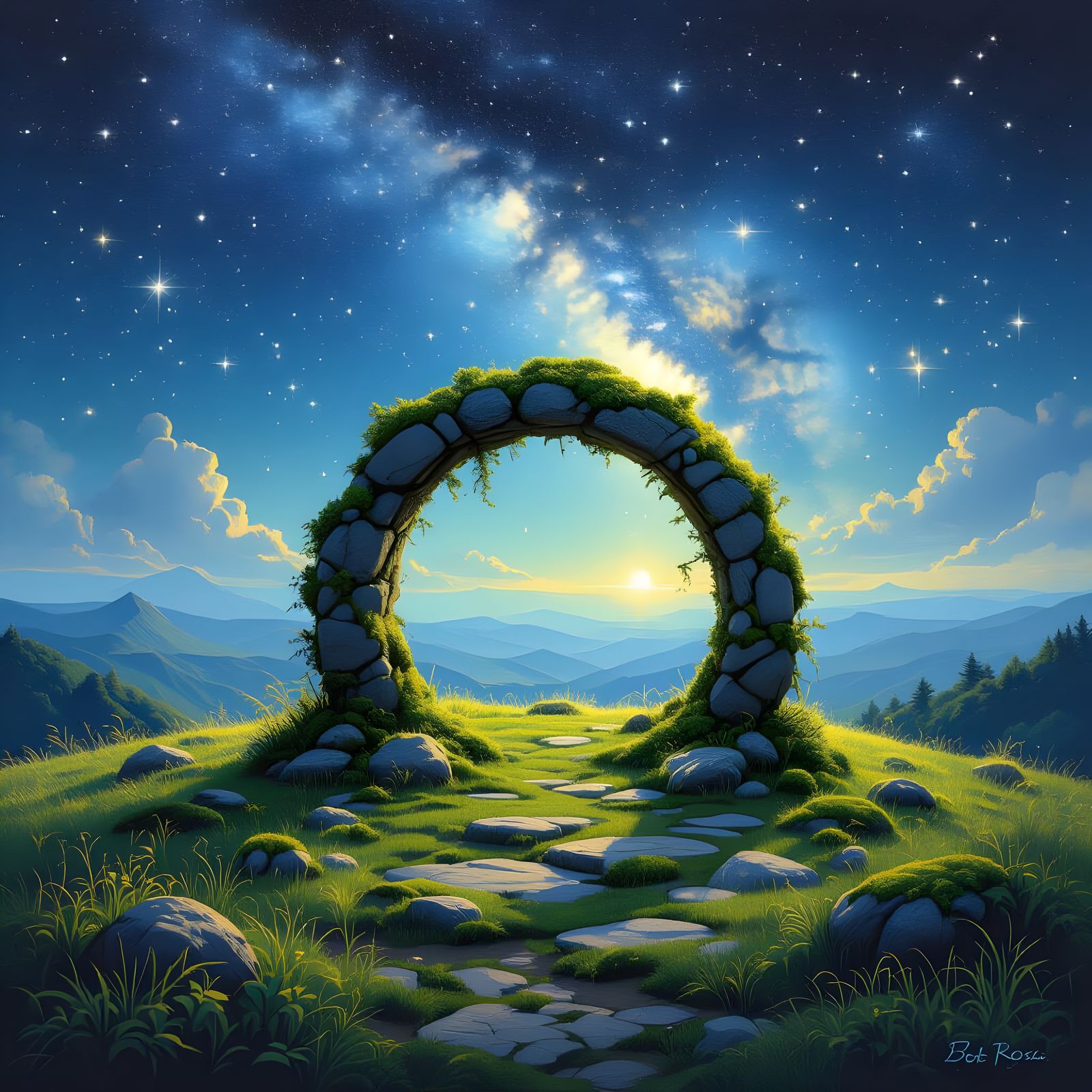 Mossy Stone Circle Under Starry Night Sky