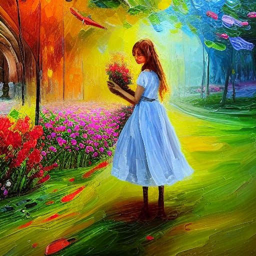 Girl in Sunlit Garden: Expressionist Digital Painting
