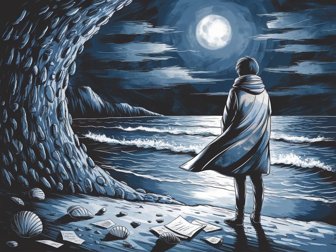 Night Coastal Scene with Figure in Impasto Style