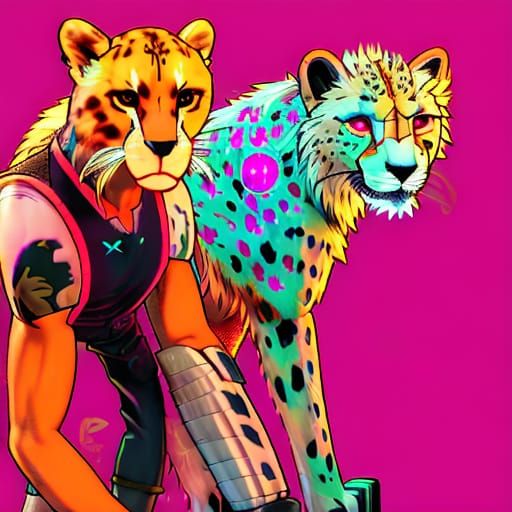 Gay Cheetah and Lion in Cyberpunk Neon City