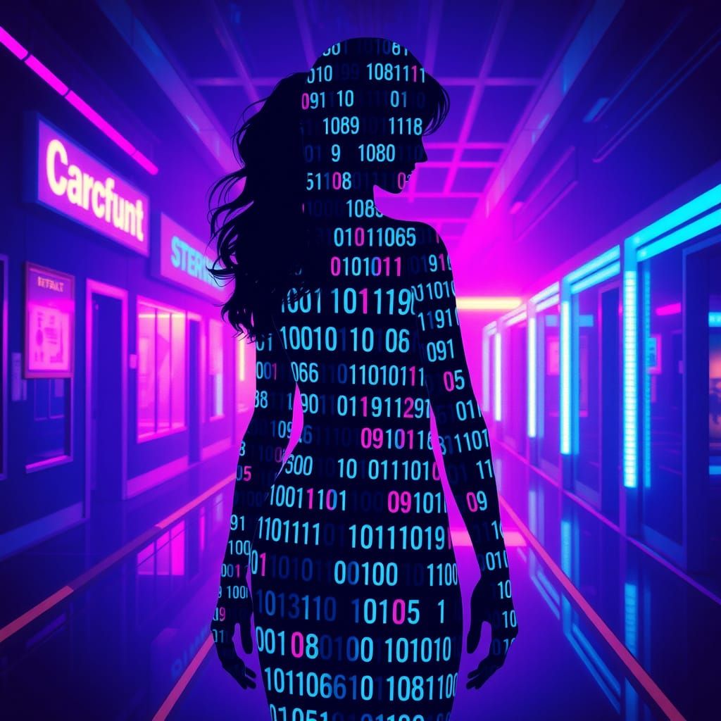 Glowing Binary Woman in Cyberpunk Cityscape