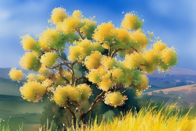Mimosa Flower in Tuscan Countryside Watercolor