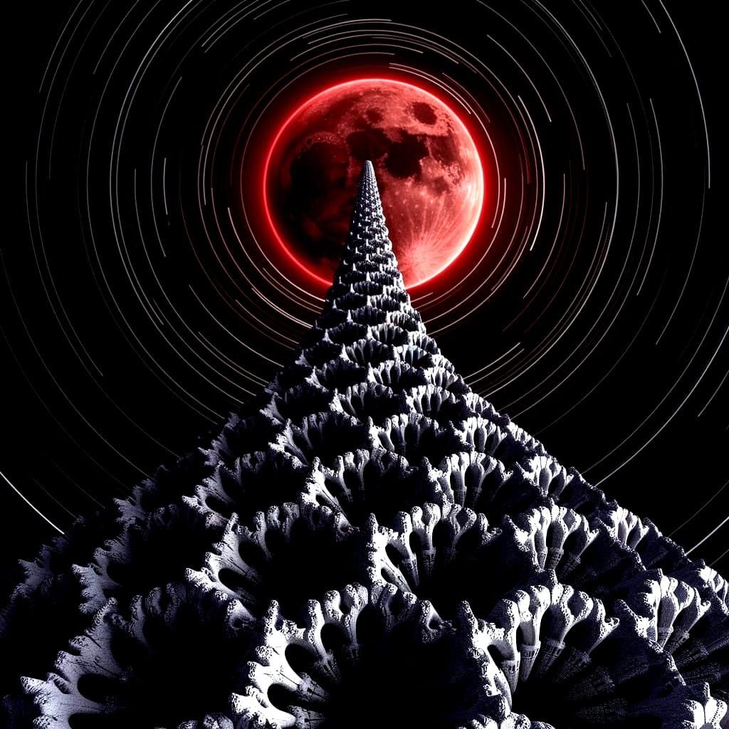 Alien Fractal Structure Backlit by Red Moon