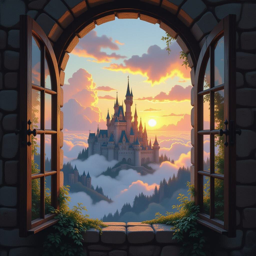 Majestic Castle View at Sunset in Fantasy Art Style