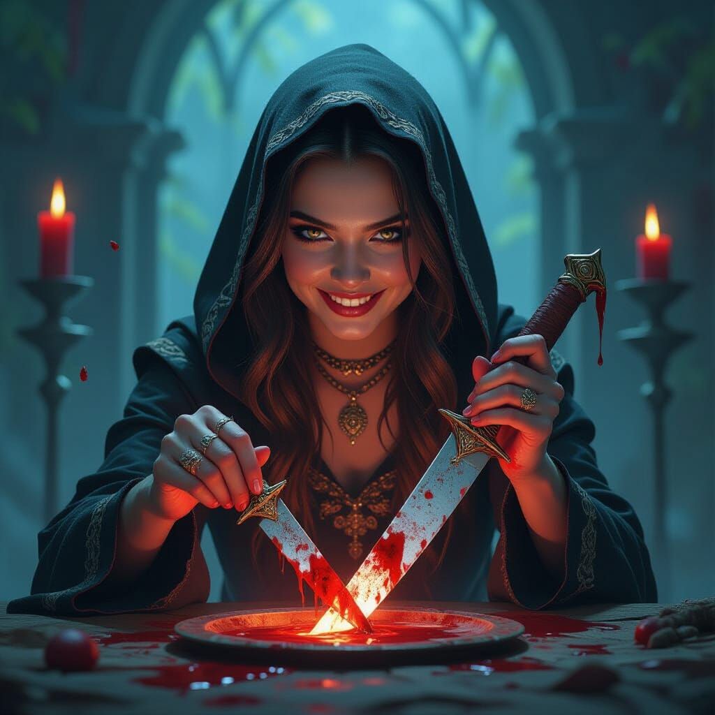 Evil Sorceress with Bloody Knife in Macabre Sacrifice