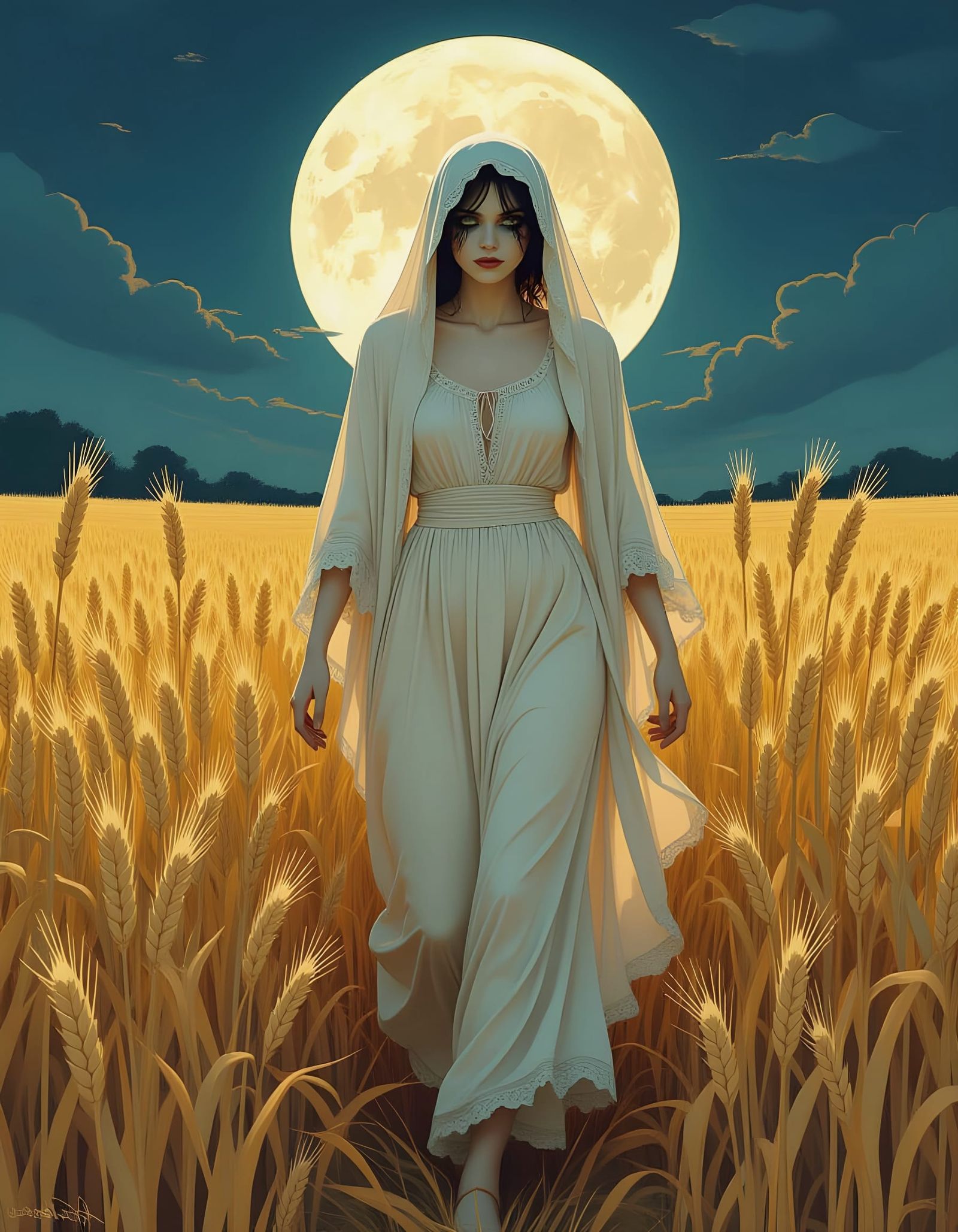 Ghostly Figure in Moonlit Wheat Field, Vintage Illustration
