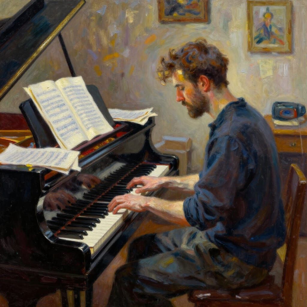 Impressionistic Oil Painting of a Focused Composer in a Sunl...
