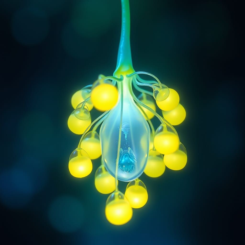 Ethereal, Bioluminescent Blooms with Iridescent Umbilical Co...