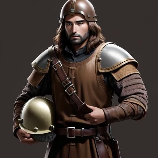 Medieval Man Contemplates Knight's Helmet