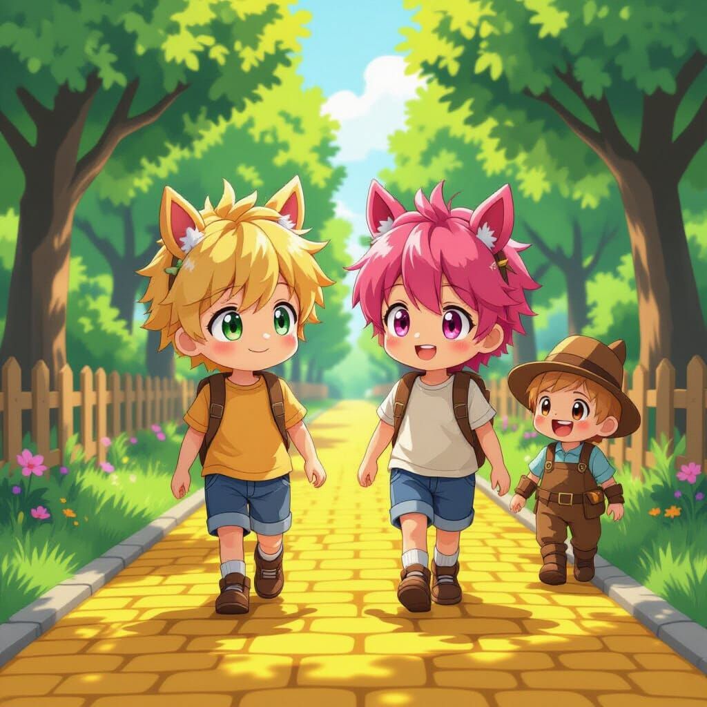 Anime Boys on Yellow Brick Road in Surreal Style