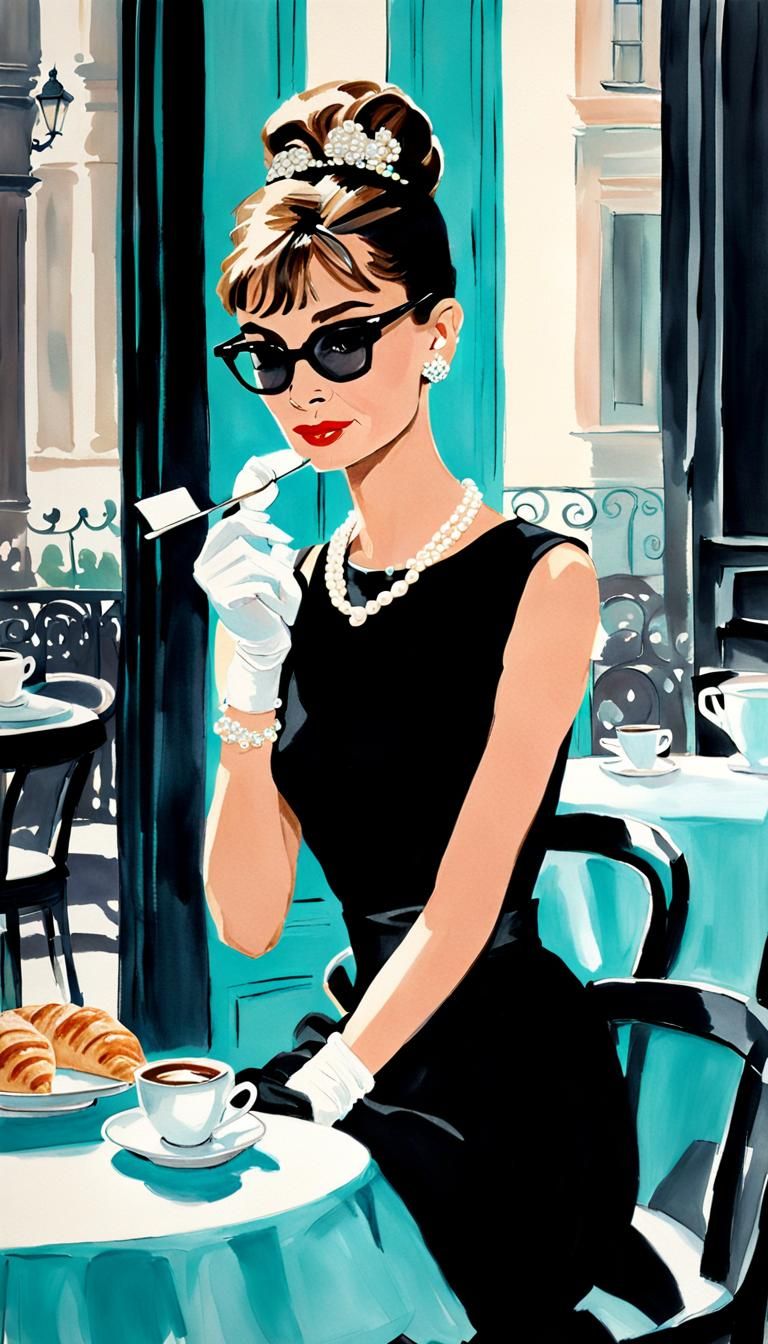 Audrey Hepburn 1961 as Holly Golightly in "Breakfast at Tiffany's," elegance personified, seated at a small Parisian-sty...