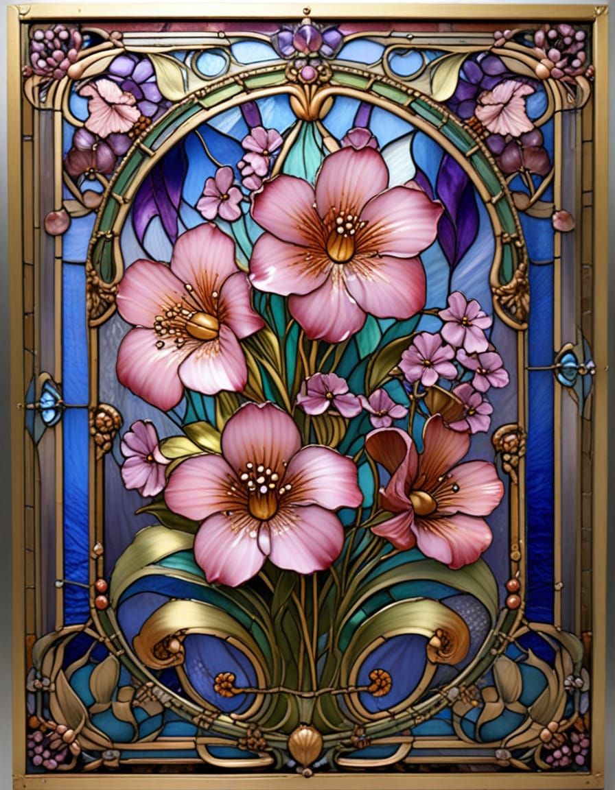 Art Nouveau Stained Glass of Purple Angelina Flowers