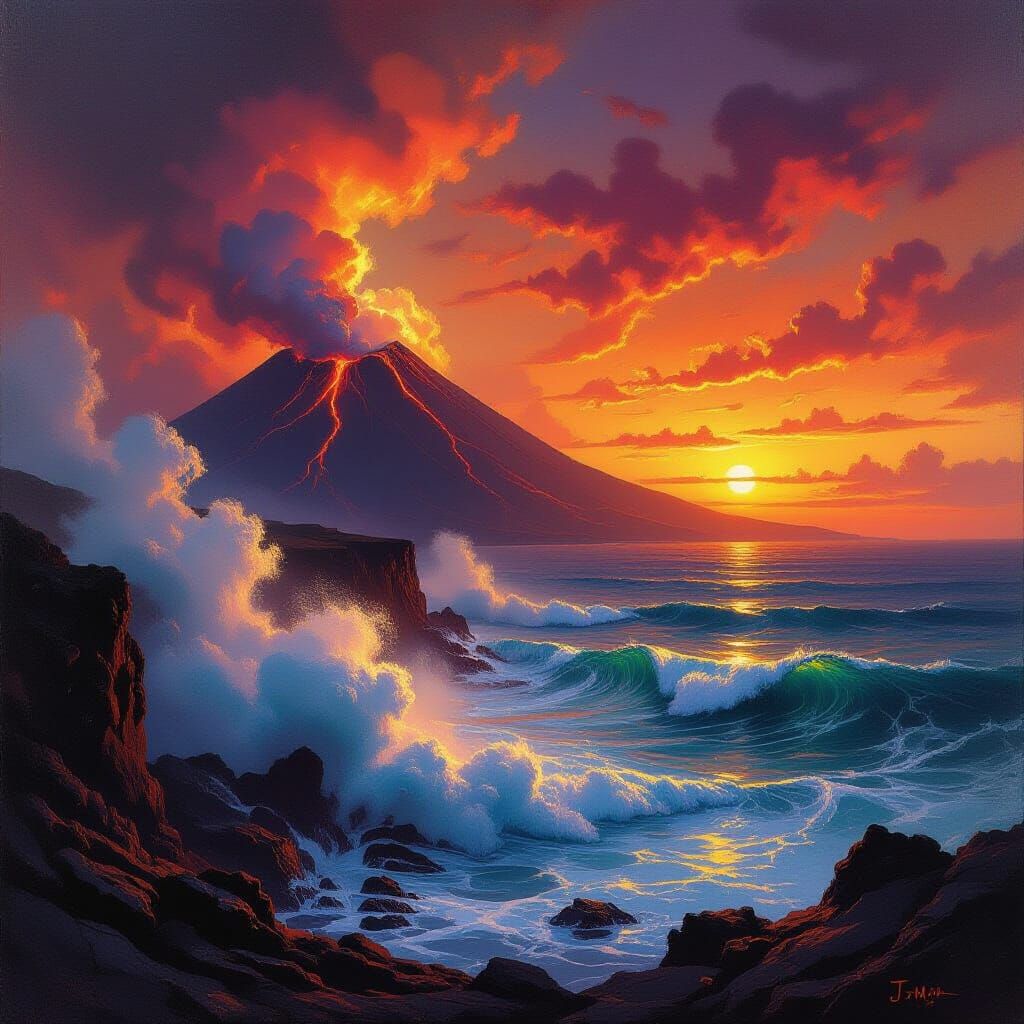 Volcanic Sunset Coastline in Vibrant Oil Painting Style