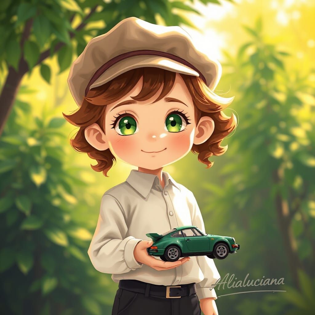 Charming Boy in Whimsical Landscape with Vibrant Colors