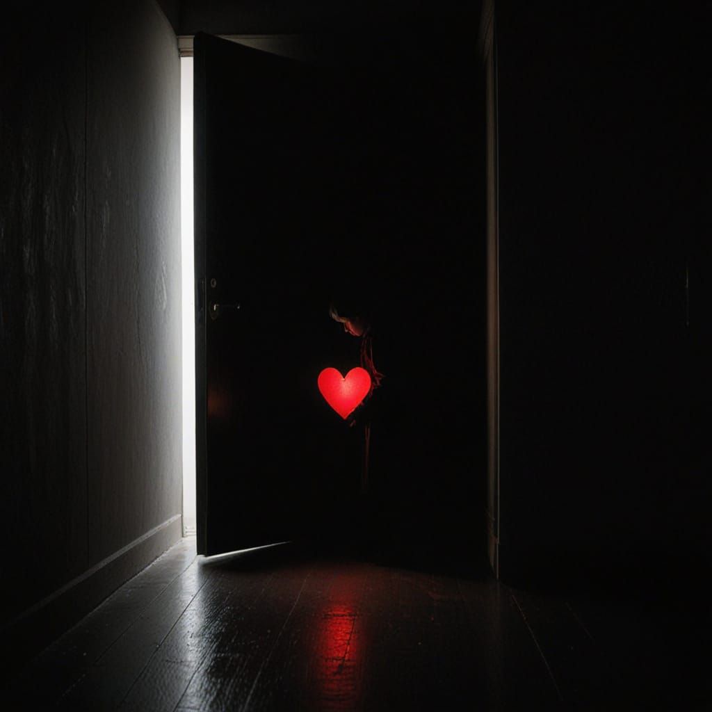 Mysterious Light Reveals Person and Red Heart in Dark Room