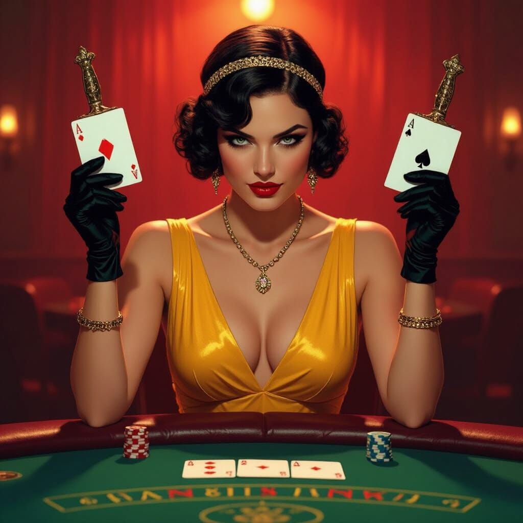 Confident Woman at Poker Table in Pulp Style