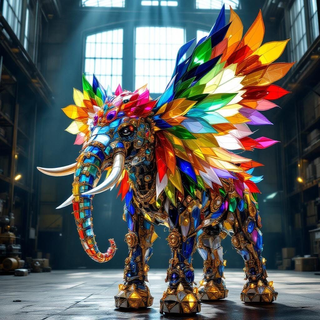 Ornate Glassigami Elephant with Mechanical Wings