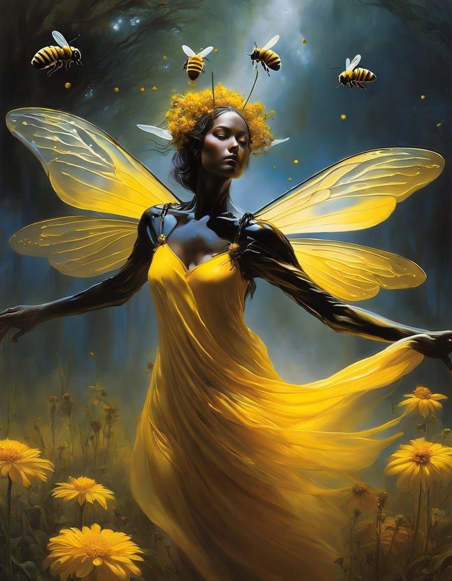 Glowing Bee Goddess Dances Amongst Vibrant Wildflowers
