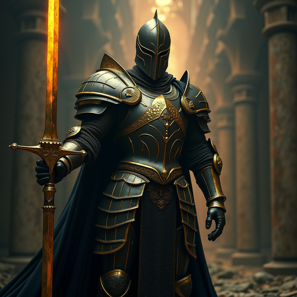 Majestic Knight in Obsidian and Gold Armor