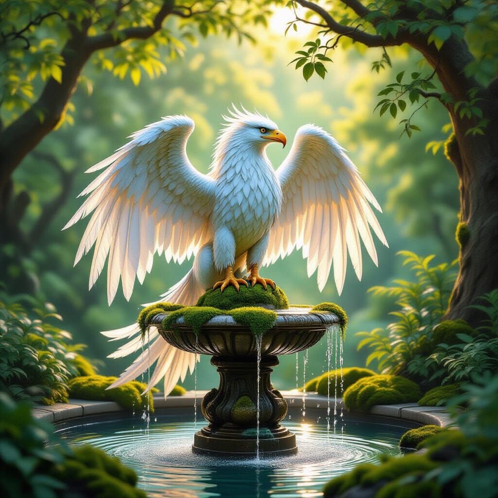 Iridescent Griffin Perched on Fountain in Hidden Grove