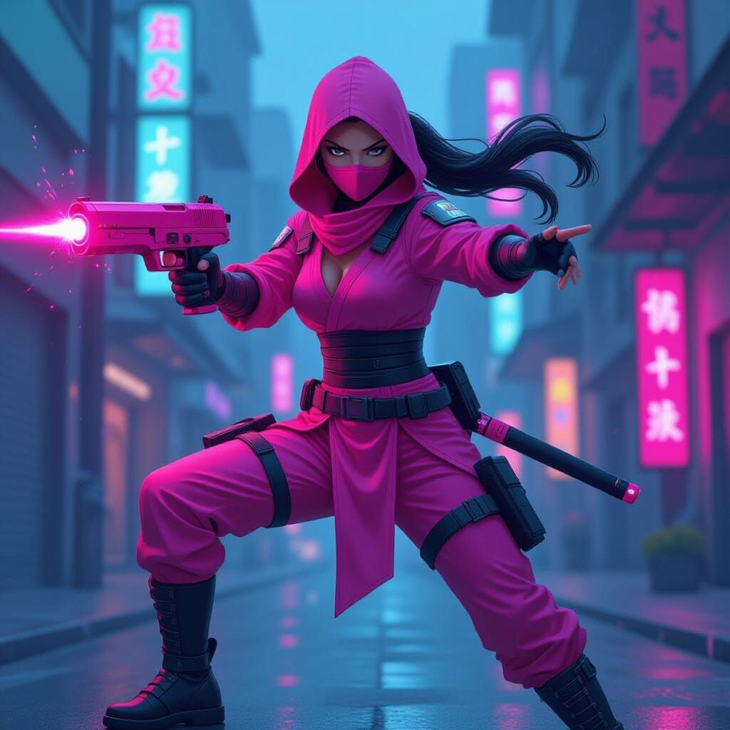 Pink Ninja with Gun in Futuristic Neon Style