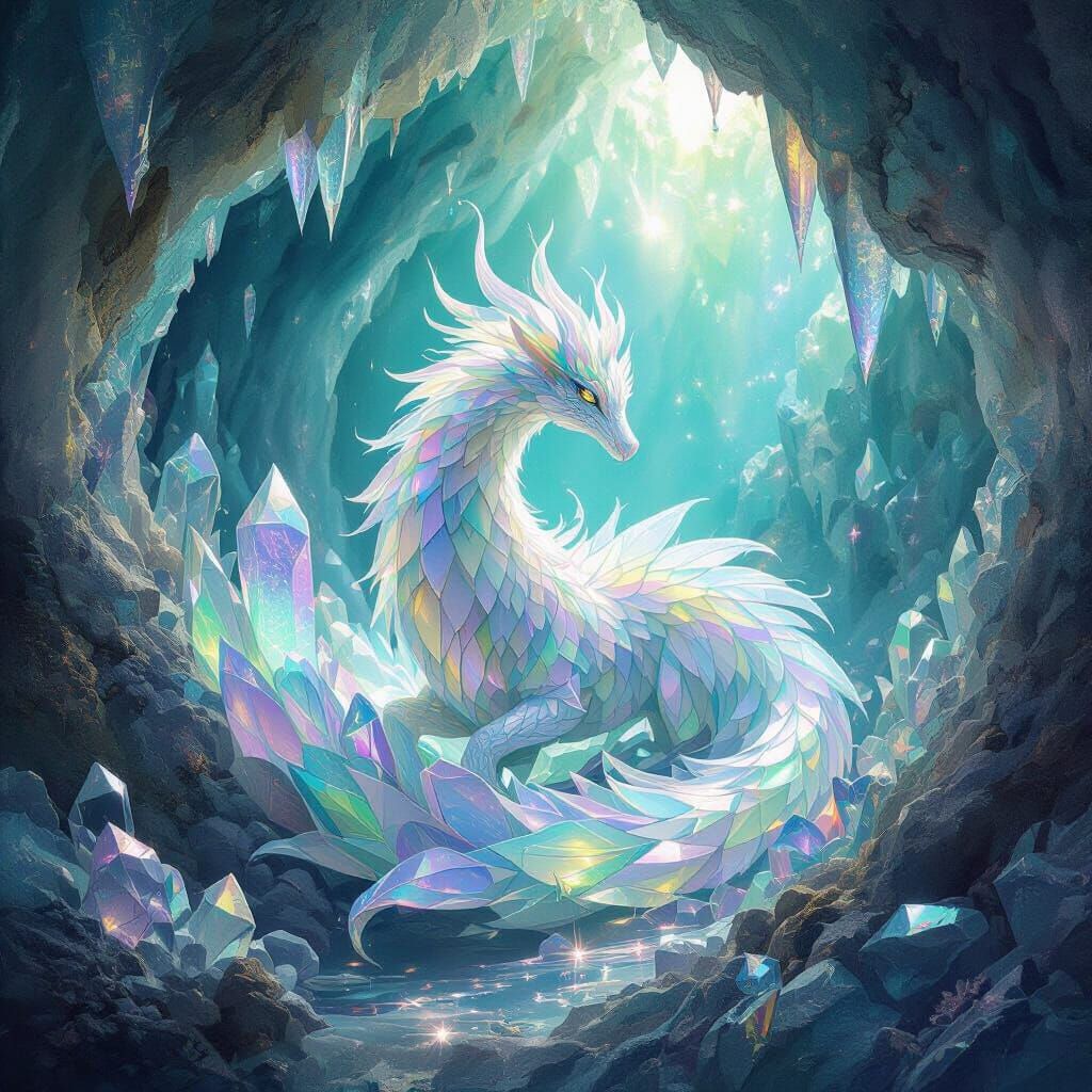 Mythical Sea Glass Creature in Luminous Crystal Cavern