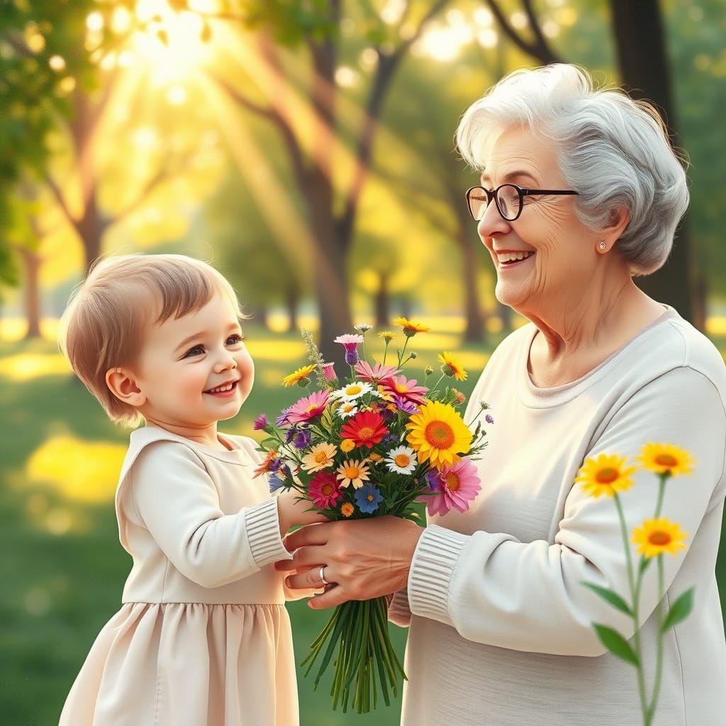 Grandchild Gives Flowers to Grandmother in Sunlit Park