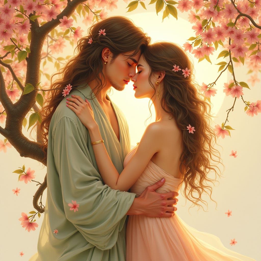 Surreal Watercolor Lovers in Golden Bloom