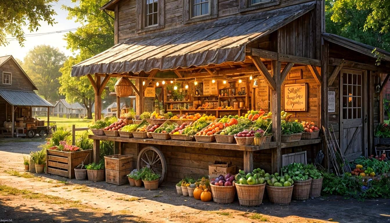 Nostalgic Farmstand at Dusk in Watercolor Style