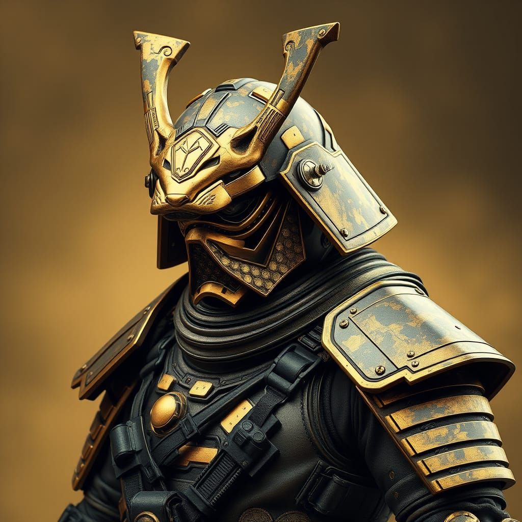Futuristic Samurai Warrior in 24k Gold Tactical Armor with C...