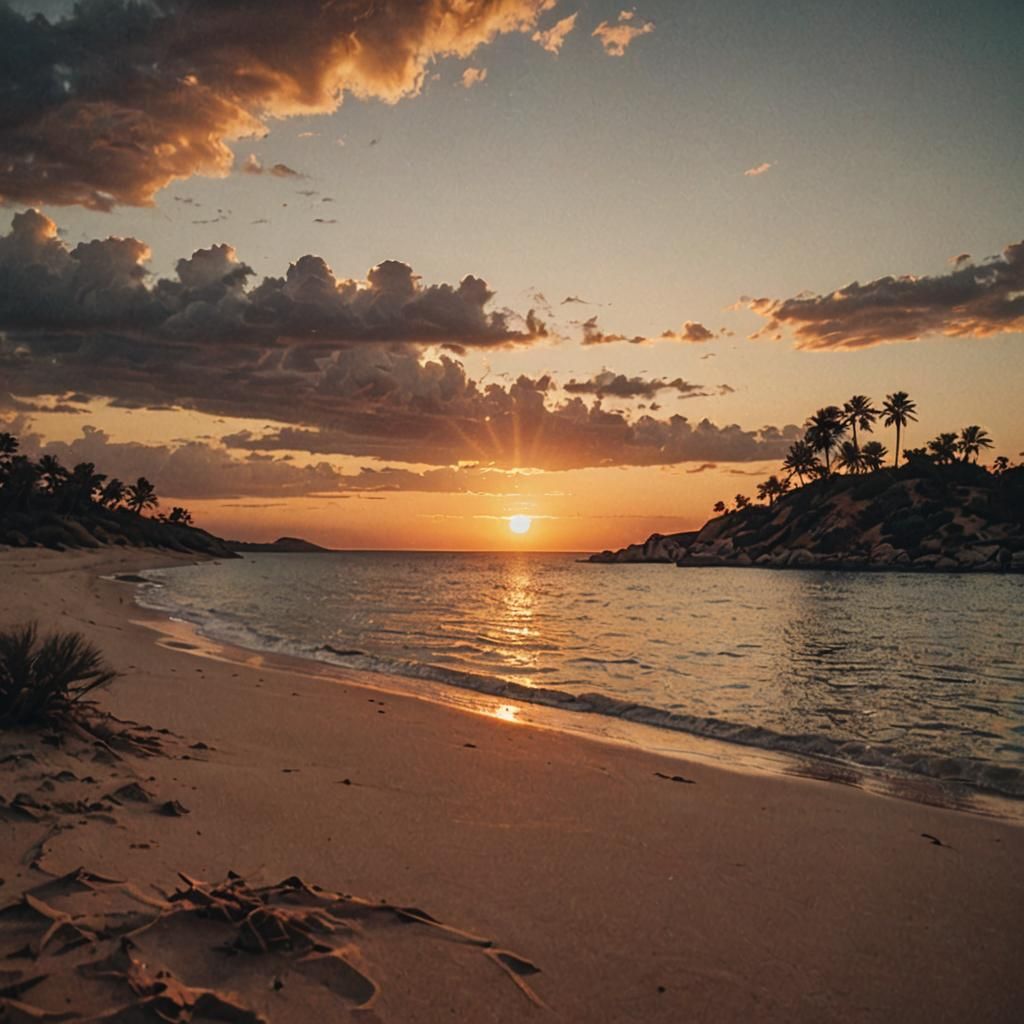 Desert Island Sunset: Cinematic Film Still